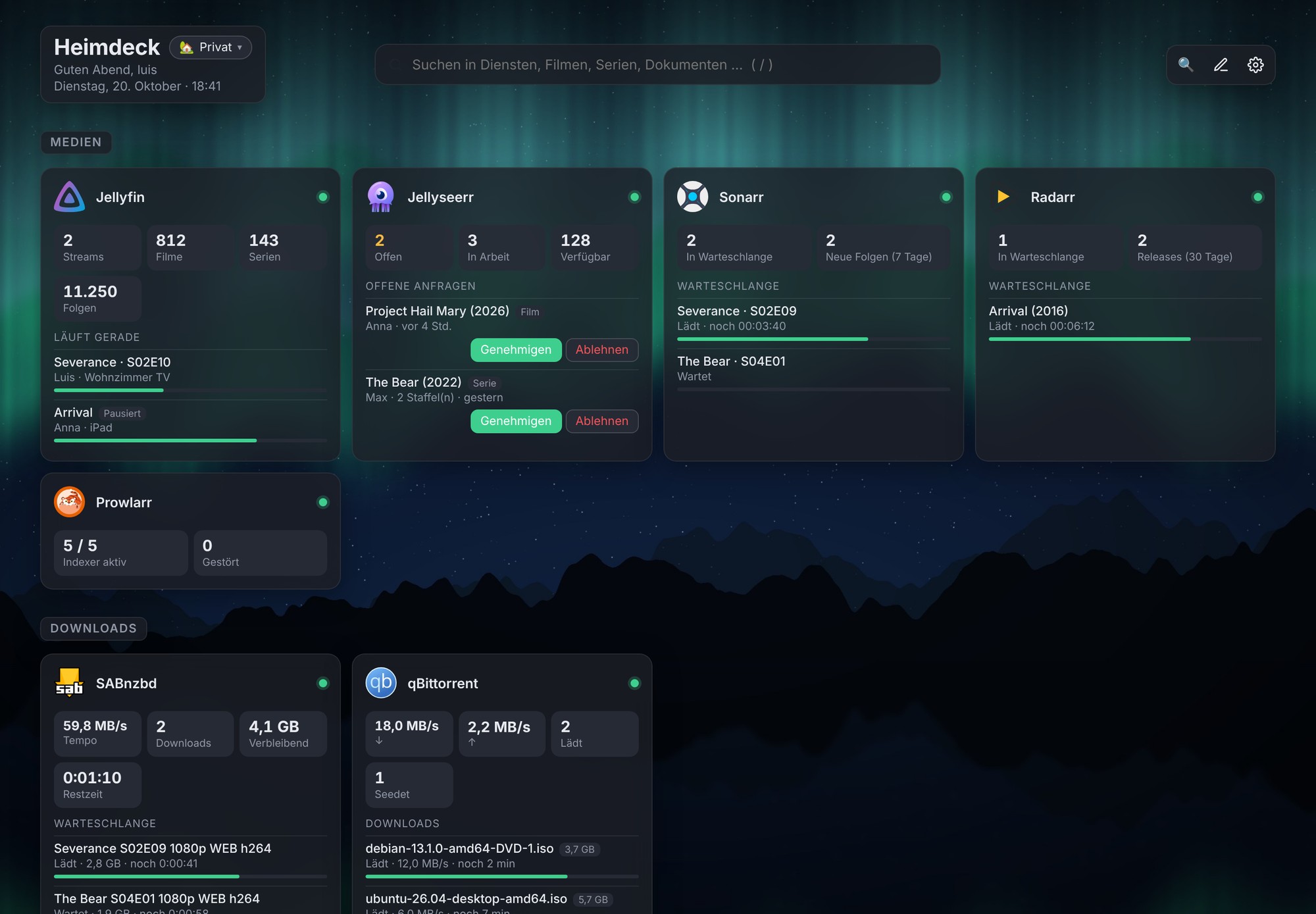 Heimdeck-Dashboard mit Demo-Daten