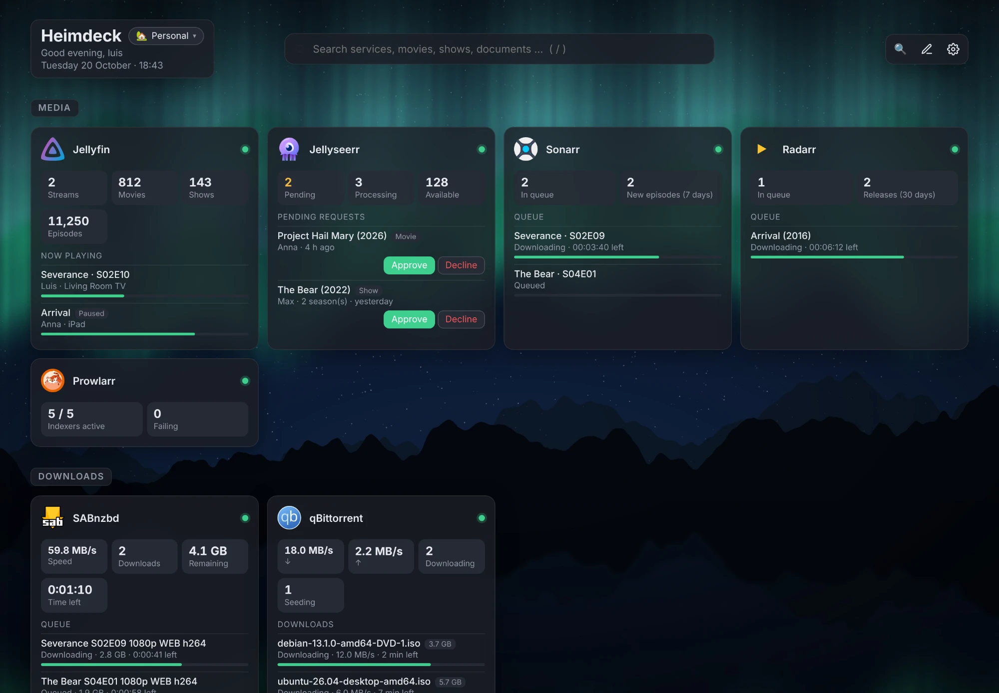 Heimdeck dashboard with demo data